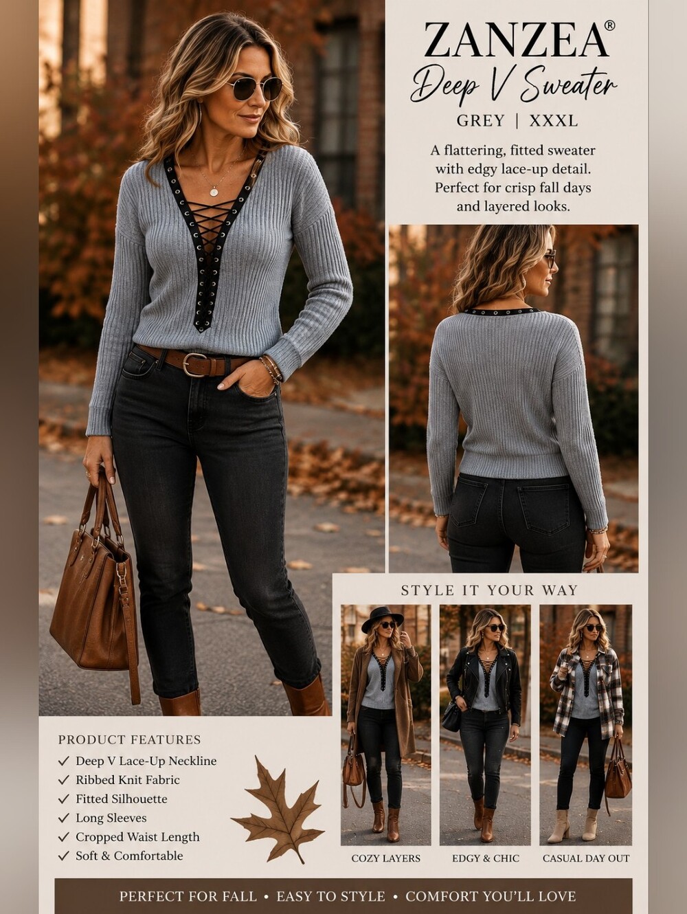 Zanzea Deep‎ V sweater Grey XXXL